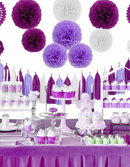 Load image into Gallery viewer, Envibe Purple White Tissue Paper Pom Poms Party Decorations 34 Pcs
