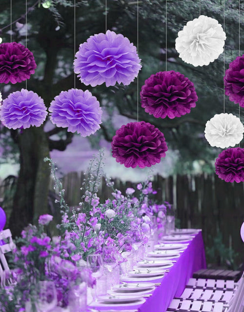 Load image into Gallery viewer, Envibe Purple White Tissue Paper Pom Poms Party Decorations 34 Pcs
