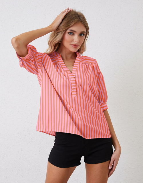 Load image into Gallery viewer, MSBESYOR Women Puff Short Sleeve Striped V Neck Blouse Pink Size S
