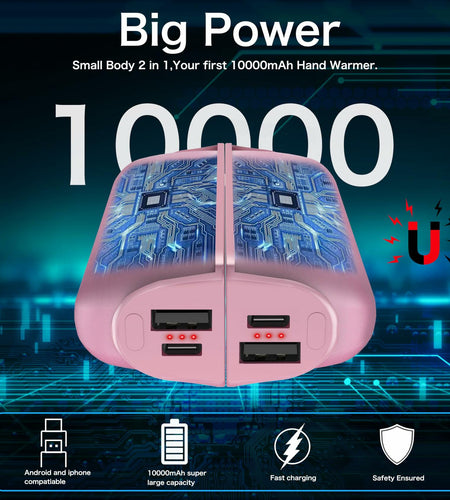 Rechargeable Hand Warmers 2 Pack 10000mAh Magnetic 3-Level Pink Power Bank