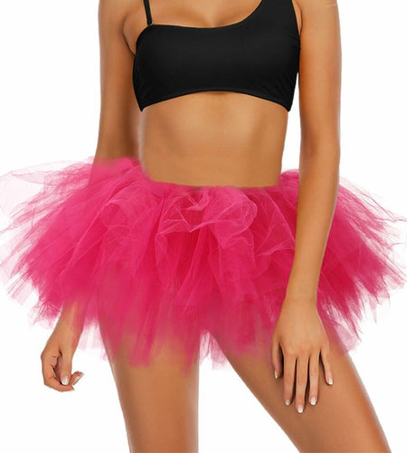 Jewemia Women Tutu Skirt 6 Layered Tulle Elastic Short Hot-Pink Size 40