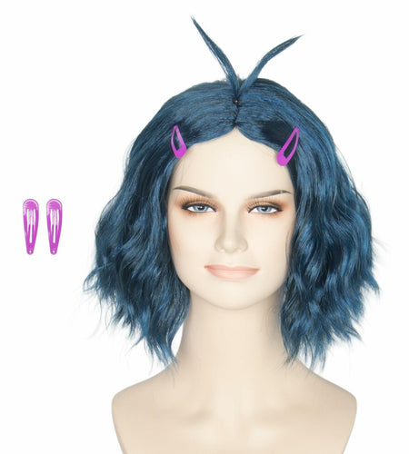 Miss U Hair Short Wavy Deep Blue Anime Cosplay Wig with Purple Hairpins