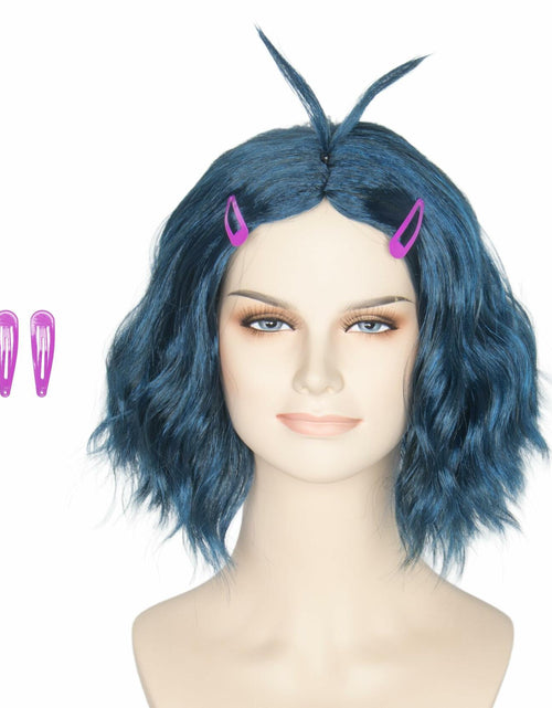 Load image into Gallery viewer, Miss U Hair Short Wavy Deep Blue Anime Cosplay Wig with Purple Hairpins
