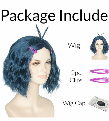 Miss U Hair Short Wavy Deep Blue Anime Cosplay Wig with Purple Hairpins