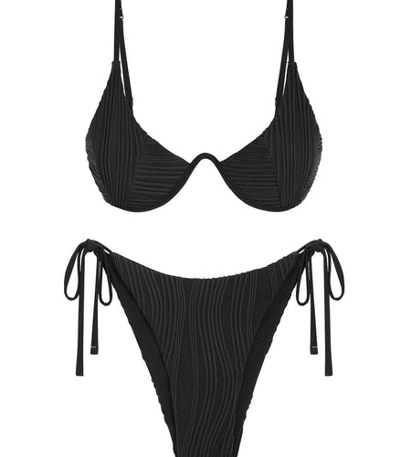 ZAFUL Women's Textured Underwire Bikini Set V Notch High Cut Ribbed Black Size M