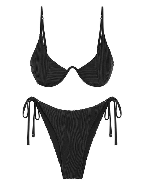 Load image into Gallery viewer, ZAFUL Women's Textured Underwire Bikini Set V Notch High Cut Ribbed Black Size M
