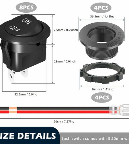 XMSILIMEIG Round Rocker Switch AC 125V 10A Waterproof Toggle 8 Pack Black