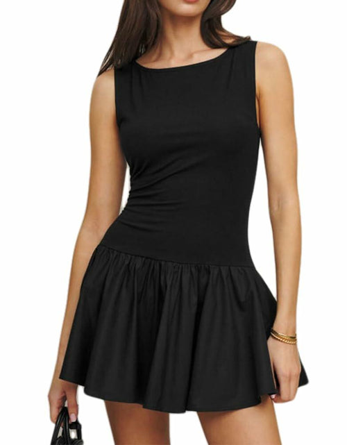 Load image into Gallery viewer, FWSAM Women Sleeveless Mini Dress Crew Neck Ruffle Hem Black Size L
