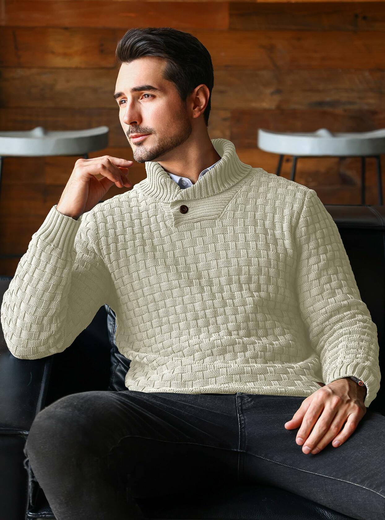 Arcciit Mens Pullover Shawl Collar Cable Knit Sweater Khaki Size 3X-Large