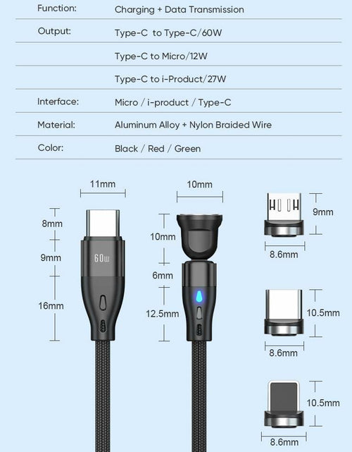 Load image into Gallery viewer, Generic Magnetic PD 60W USB C Charging Cable 3.3ft Black 1pc Aluminum
