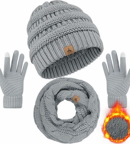 LOROME Winter Beanie Hat Scarf Gloves Set Light Gray Acrylic Size 5 1/8-7 7/8