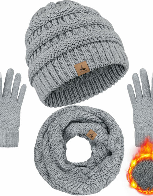 Load image into Gallery viewer, LOROME Winter Beanie Hat Scarf Gloves Set Light Gray Acrylic Size 5 1/8-7 7/8
