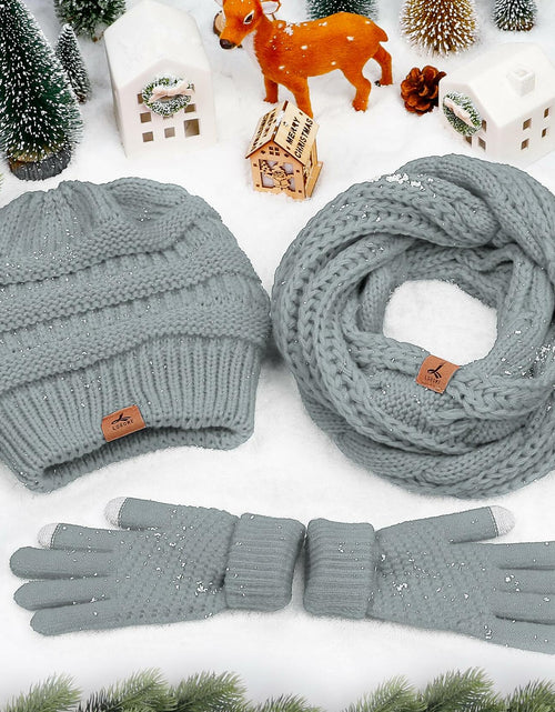 Load image into Gallery viewer, LOROME Winter Beanie Hat Scarf Gloves Set Light Gray Acrylic Size 5 1/8-7 7/8
