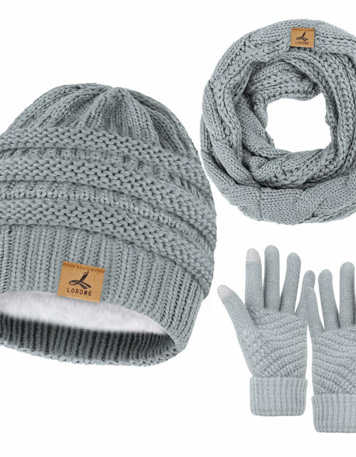 Load image into Gallery viewer, LOROME Winter Beanie Hat Scarf Gloves Set Light Gray Acrylic Size 5 1/8-7 7/8
