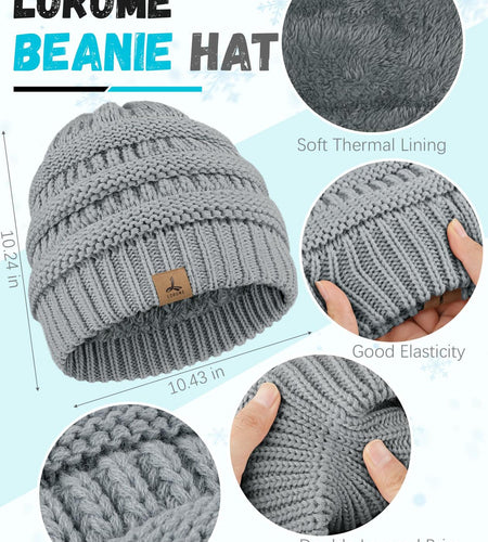 LOROME Winter Beanie Hat Scarf Gloves Set Light Gray Acrylic Size 5 1/8-7 7/8