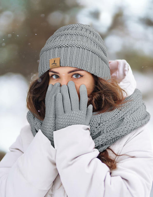 Load image into Gallery viewer, LOROME Winter Beanie Hat Scarf Gloves Set Light Gray Acrylic Size 5 1/8-7 7/8
