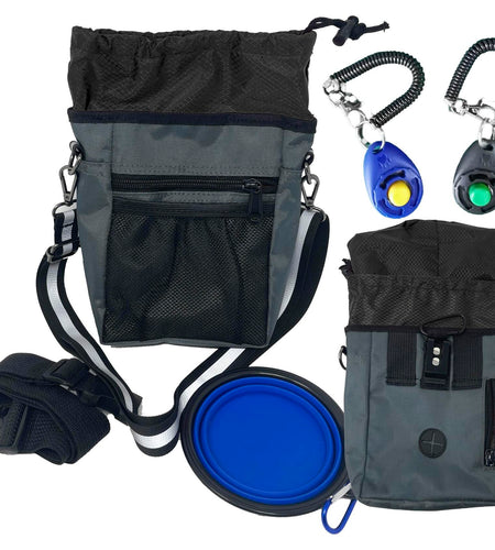 Jalousie Dog Training Pouch with Clicker & Water Bowl 5 Ways to Wear Grey
