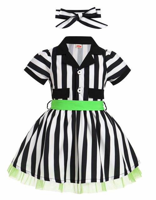 Load image into Gallery viewer, IDOPIP Toddler Girls Black White Striped Dress with Headband &amp; Belt 4-5Y
