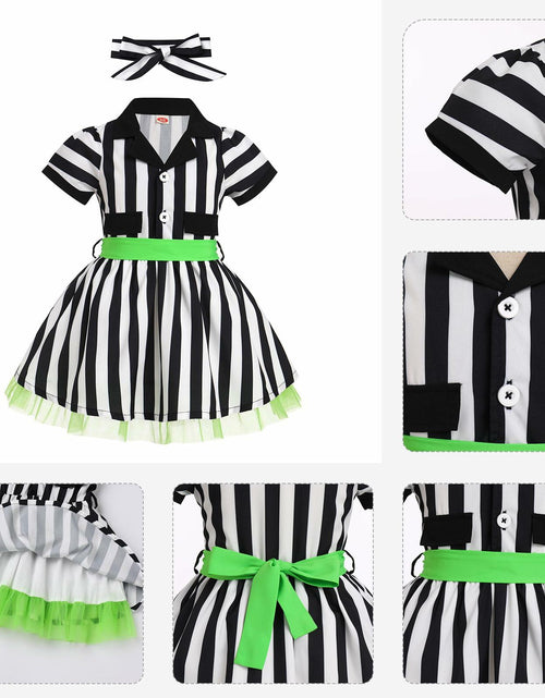 Load image into Gallery viewer, IDOPIP Toddler Girls Black White Striped Dress with Headband &amp; Belt 4-5Y
