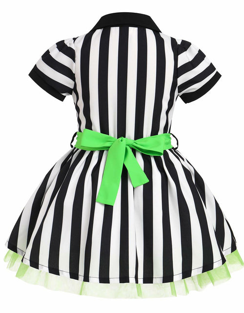 Load image into Gallery viewer, IDOPIP Toddler Girls Black White Striped Dress with Headband &amp; Belt 4-5Y
