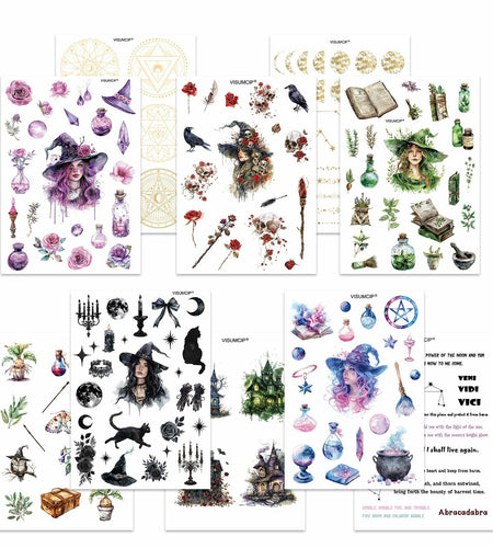 VISUMCIP Witch Stickers 10 Sheets Pre-Cut Journaling Washi Scrapbooking Magic