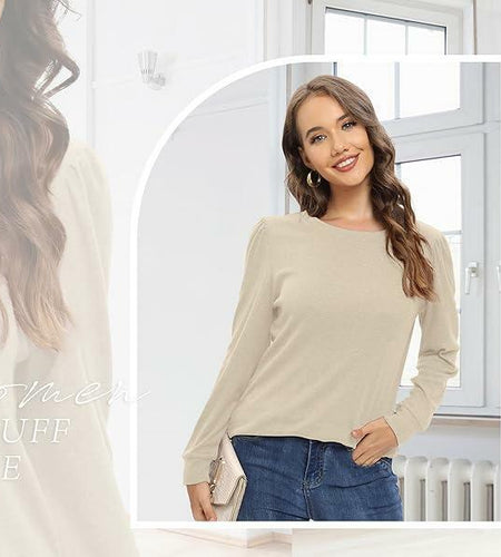 NILOUFO Women Long Sleeve T Shirt Tunic Casual Beige Size M