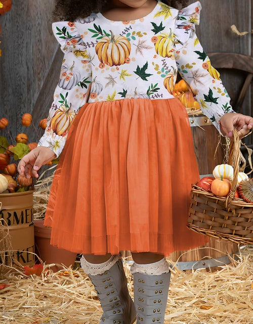 Load image into Gallery viewer, C&amp;M WODRO Toddler Girl Thanksgiving Pumpkin Tulle Dress Pumpkin+Leaf 3-4T
