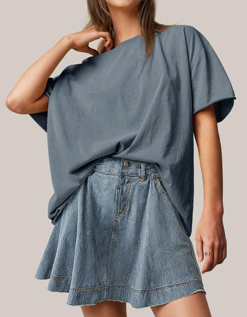Load image into Gallery viewer, TARSE Oversized Loose Fit Cotton Tunic Tee Women Short Sleeve Blue Mirage Small
