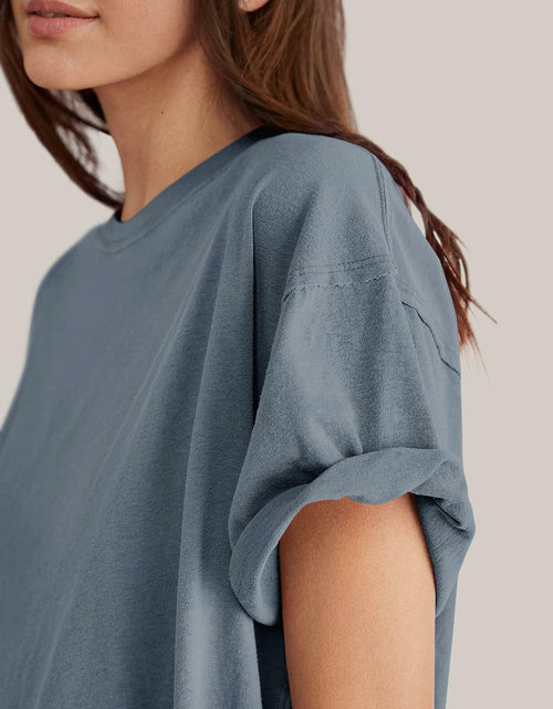 Load image into Gallery viewer, TARSE Oversized Loose Fit Cotton Tunic Tee Women Short Sleeve Blue Mirage Small
