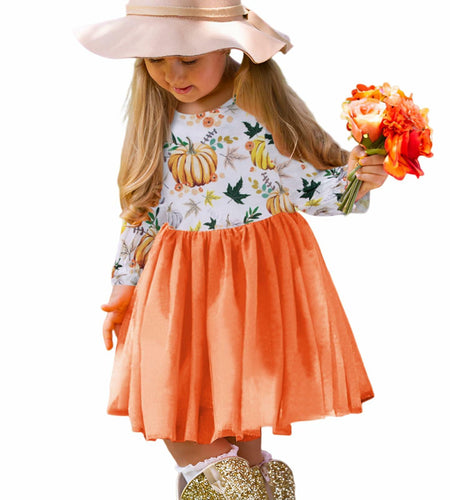 C&M WODRO Toddler Girl Thanksgiving Pumpkin Tulle Dress Pumpkin+Leaf 3-4T