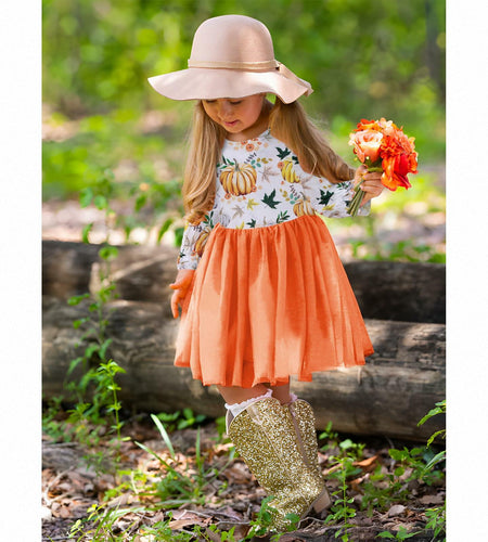 C&M WODRO Toddler Girl Thanksgiving Pumpkin Tulle Dress Pumpkin+Leaf 3-4T