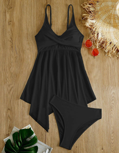 Load image into Gallery viewer, Leoparts Women's Two Piece Mesh Tankini Swimdress High Waist Bottom Size S Black
