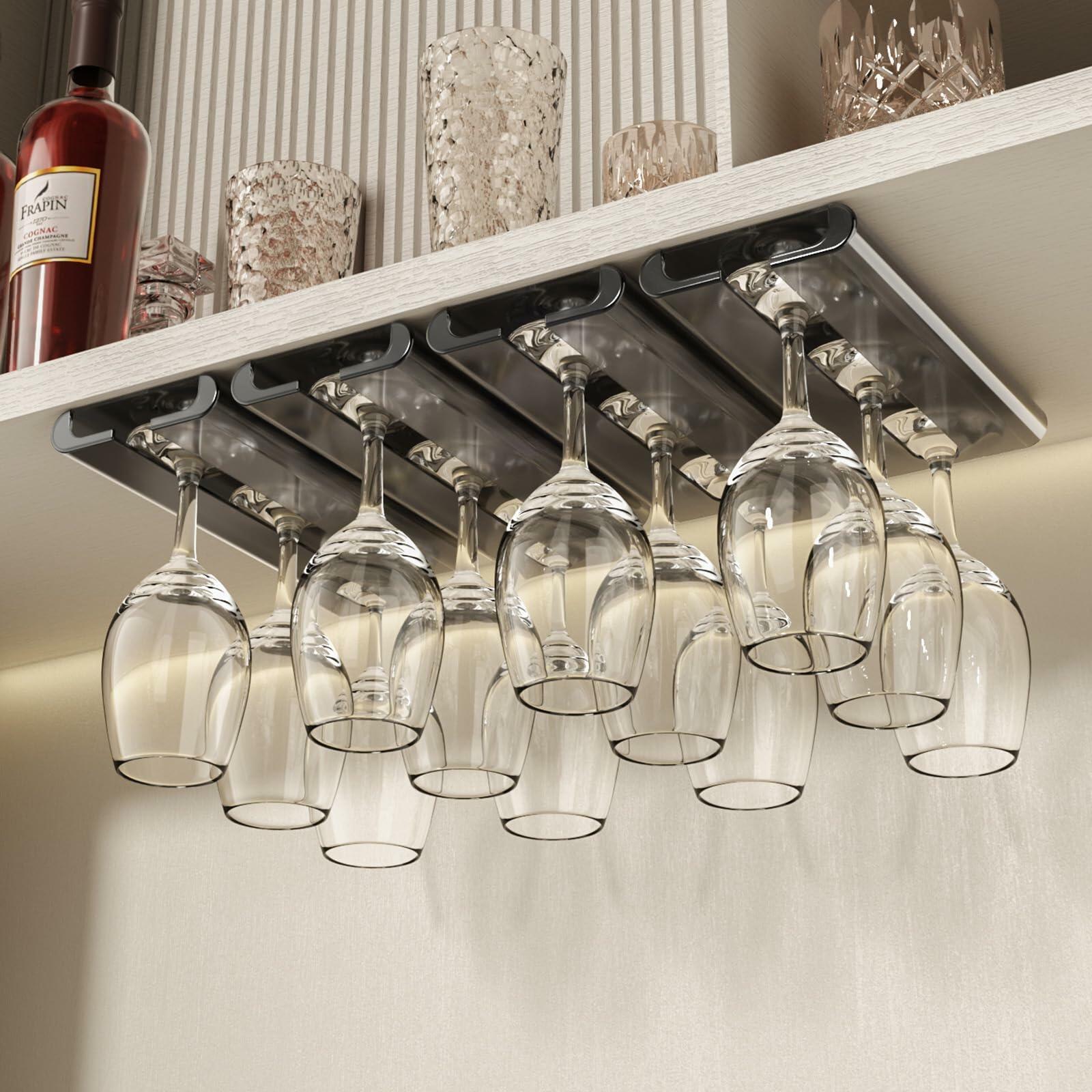 Vaisoeny 4Pack Wine Glass Holder Under Cabinet Stemware Rack Grey
