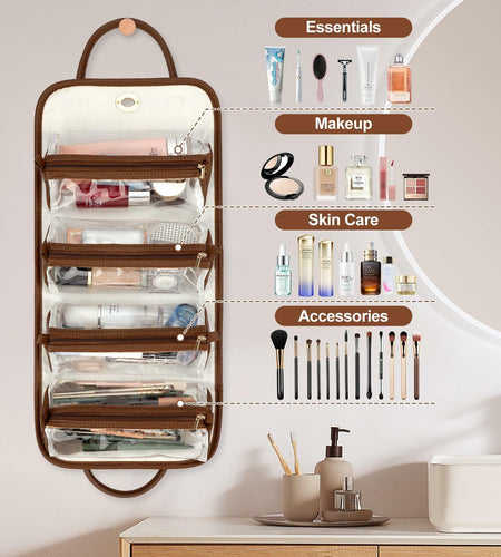 voioe Travel Makeup Organizer Bag Foldable Toiletry Large Capacity Brown