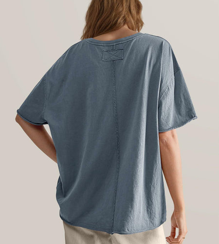 TARSE Oversized Loose Fit Cotton Tunic Tee Women Short Sleeve Blue Mirage Small