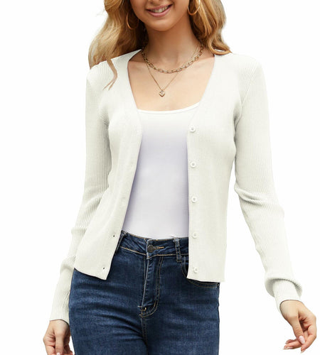OPREXO Women's Ribbed Knit V Neck Button Down Cropped Cardigan White Size L