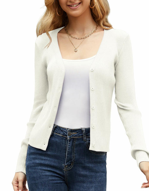 Load image into Gallery viewer, OPREXO Women's Ribbed Knit V Neck Button Down Cropped Cardigan White Size L
