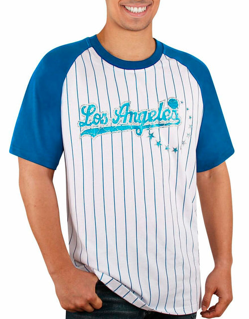 Load image into Gallery viewer, Fansamer Mens City Vintage Pinstripe Crew Neck Tee Shirt Blue White Size XL
