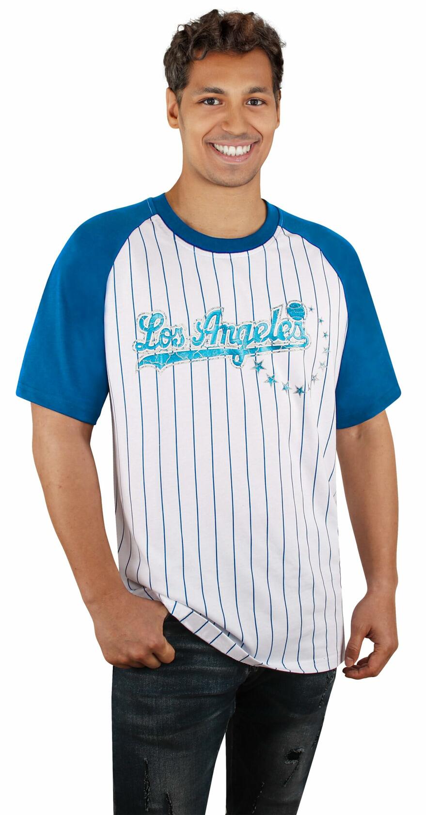 Fansamer Mens City Vintage Pinstripe Crew Neck Tee Shirt Blue White Size XL