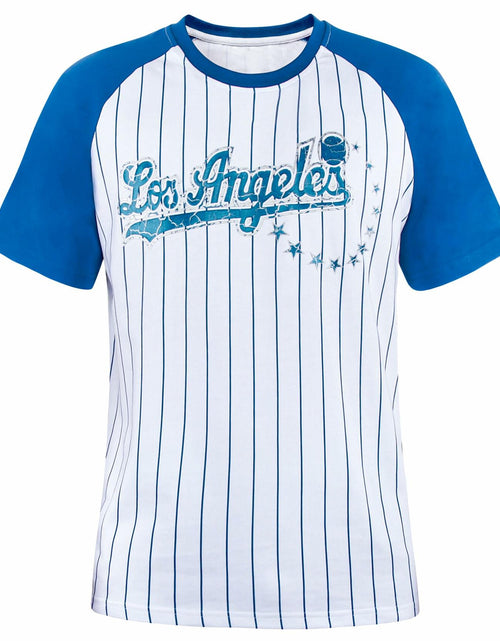 Load image into Gallery viewer, Fansamer Mens City Vintage Pinstripe Crew Neck Tee Shirt Blue White Size XL
