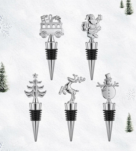 MANTIANJIN Christmas Wine Bottle Stoppers 5-Pack Zinc Alloy Silicone Silver