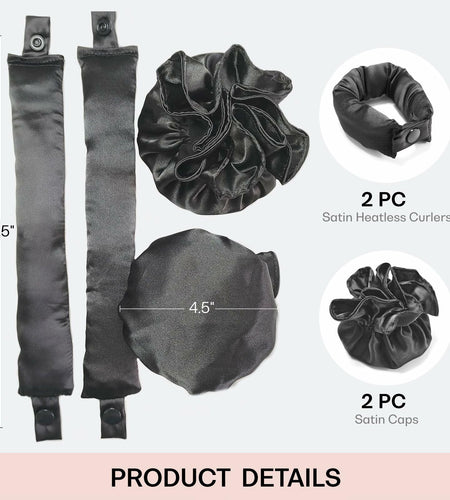BLINKEEN Satin Heatless Hair Curlers Pillow Rollers with Caps Black 2 Sets