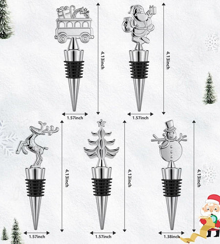 MANTIANJIN Christmas Wine Bottle Stoppers 5-Pack Zinc Alloy Silicone Silver