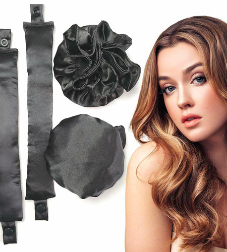 BLINKEEN Satin Heatless Hair Curlers Pillow Rollers with Caps Black 2 Sets