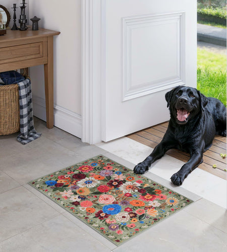 GRAMBET Area Rug 24x17 Inch Non Slip Low Pile Floral Green Garden