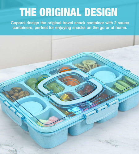 Caperci Snackle Box Large 10-Compartment Tray with Lid Handle Blue