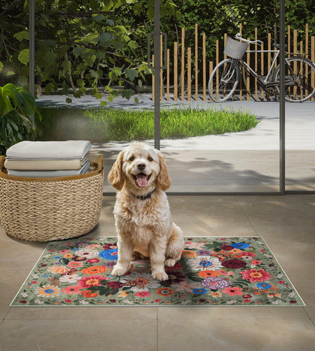 GRAMBET Area Rug 24x17 Inch Non Slip Low Pile Floral Green Garden