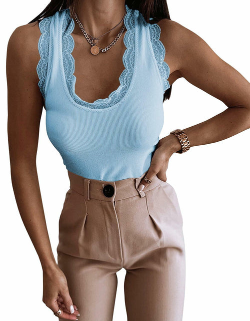 Load image into Gallery viewer, miduo Womens Summer Casual Lace Cami Ribbed Knit Tank Top Blue Size S
