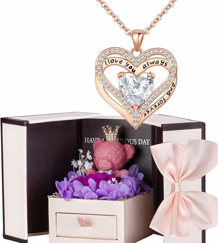 Generic Preserved Rose Gift Box with Pink Moss Bear & Necklace Gift