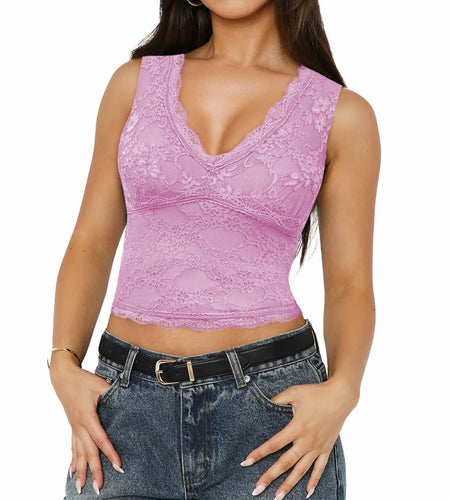 SAUNGKUAI Women's Sexy V Neck Sleeveless Lace Floral Top Bluenova Size XL